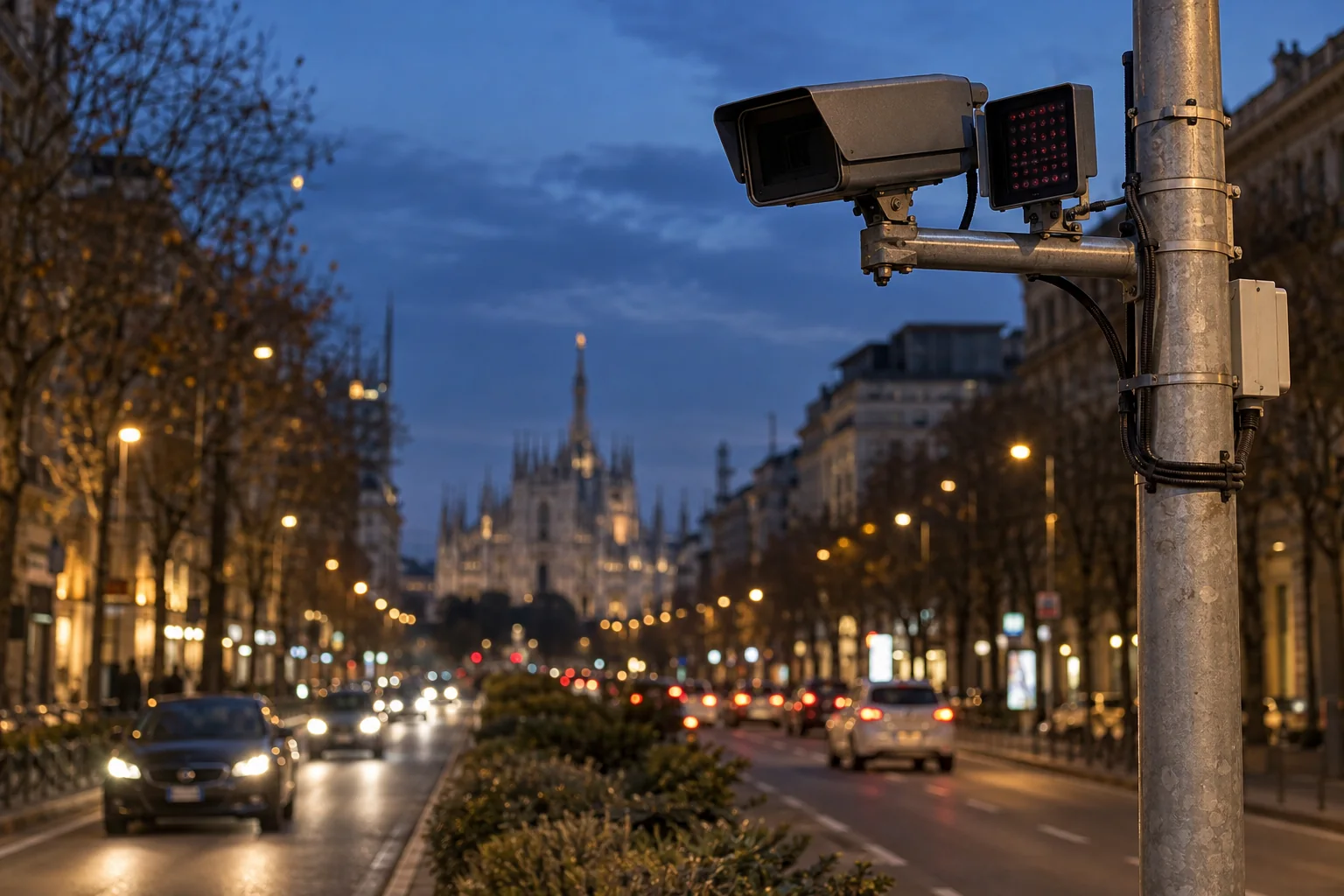 Telecamera per lettura targhe su palo, al crepuscolo