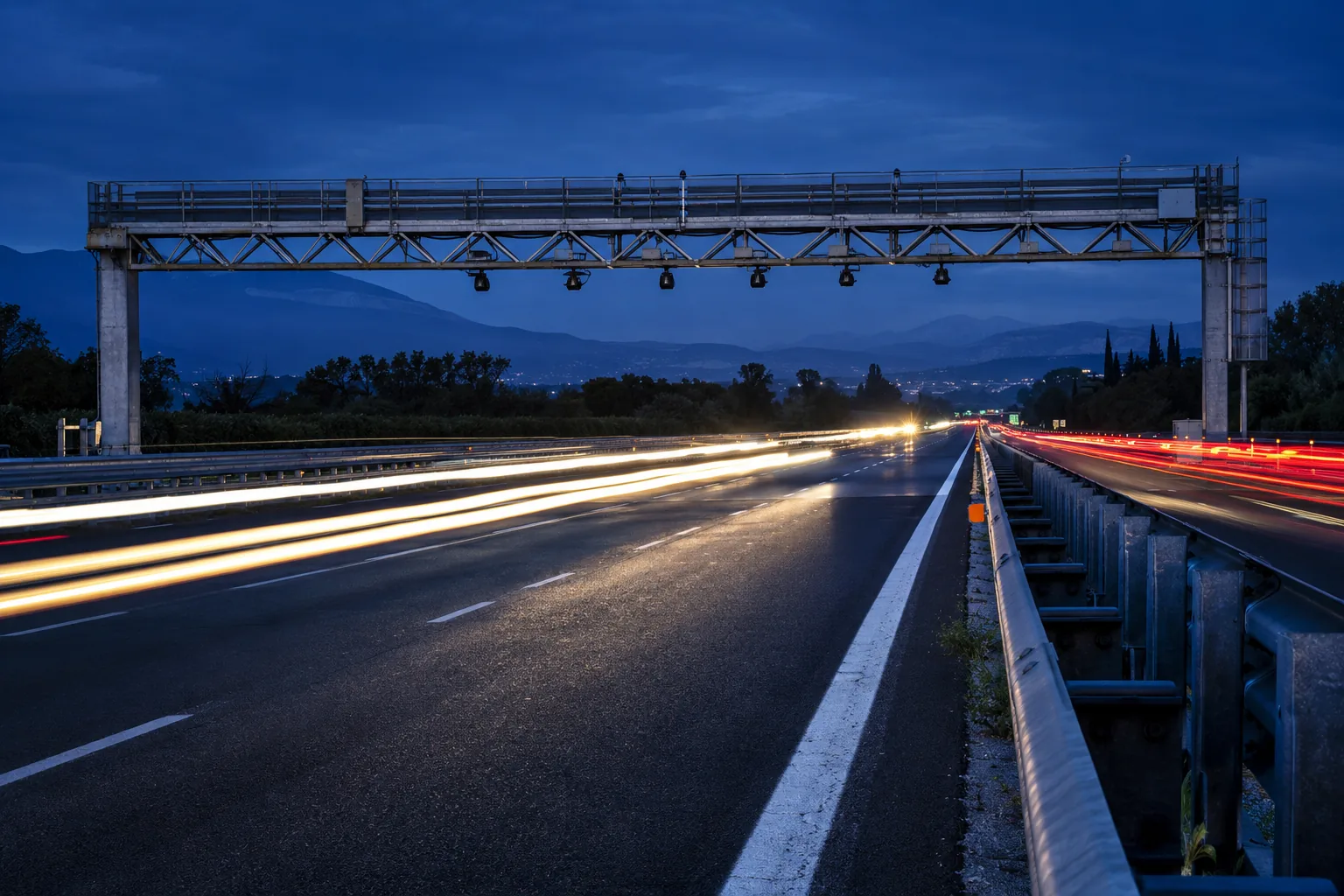 Portale Tutor sopra un’autostrada all’ora blu