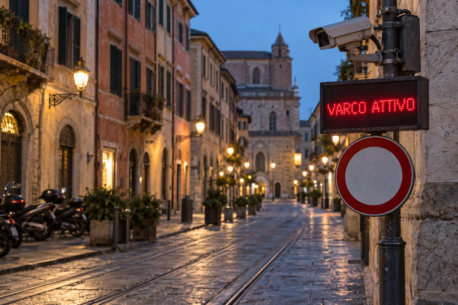 Varco ZTL con pannello luminoso in un centro storico